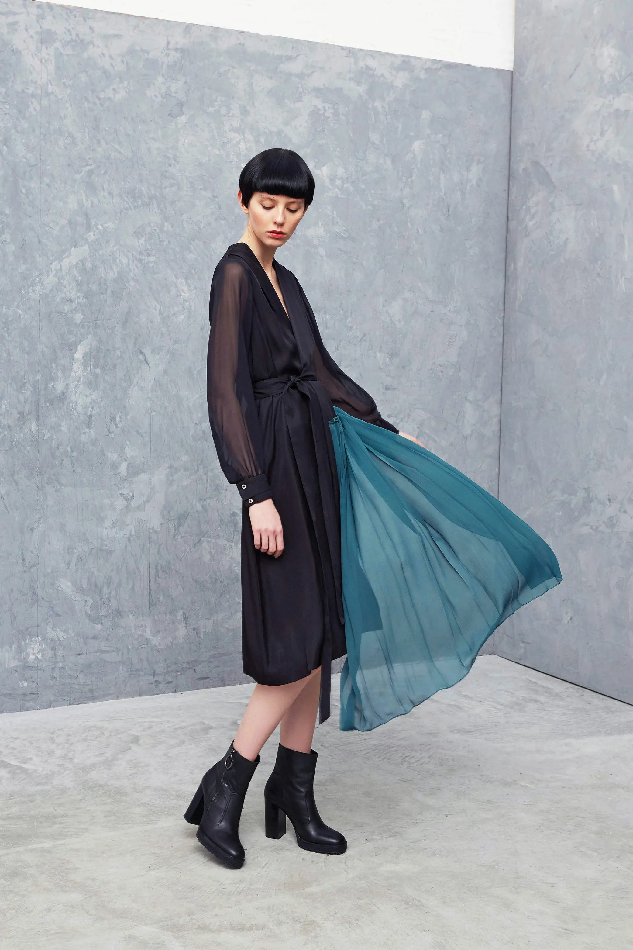 OSSIAN black - silk wrap pleated dress