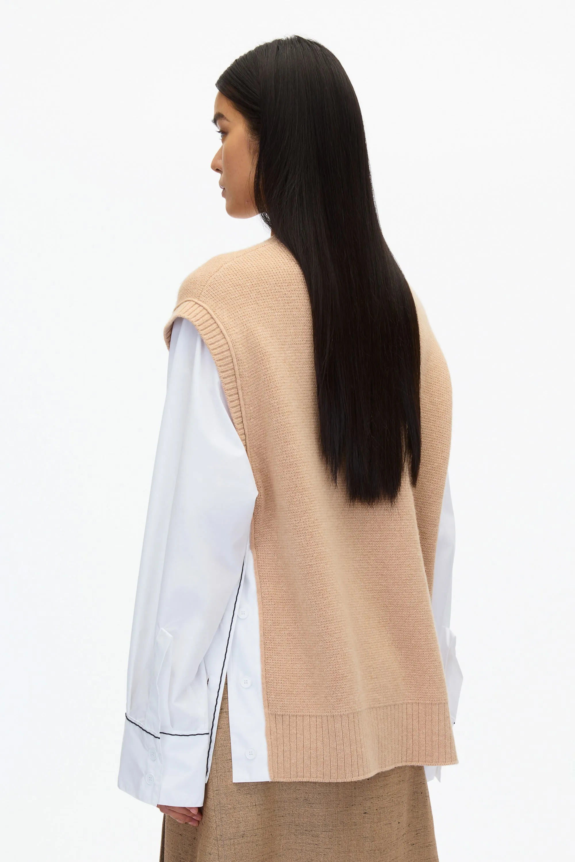 Oversized Knit Vest with Poplin Sleeves