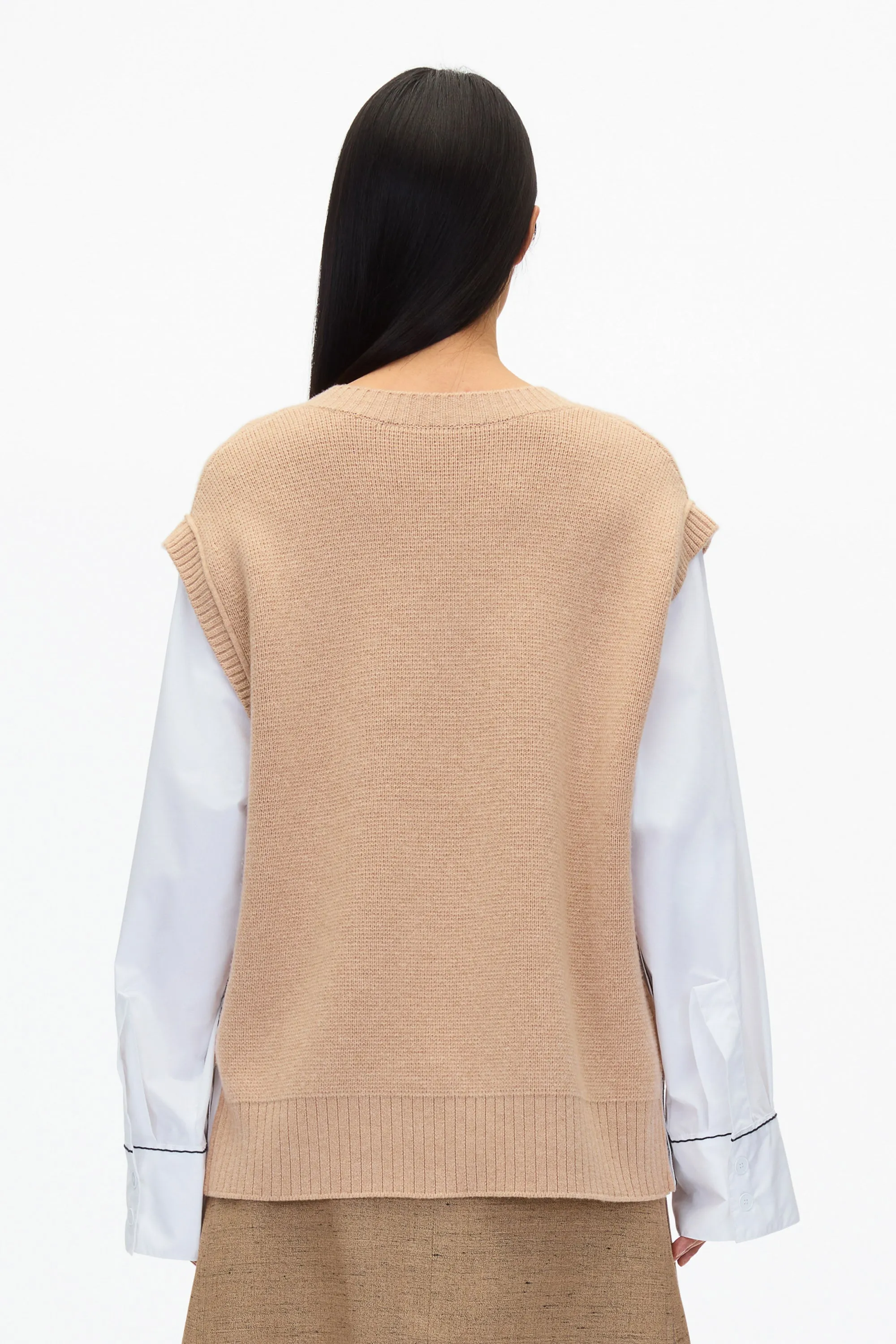 Oversized Knit Vest with Poplin Sleeves