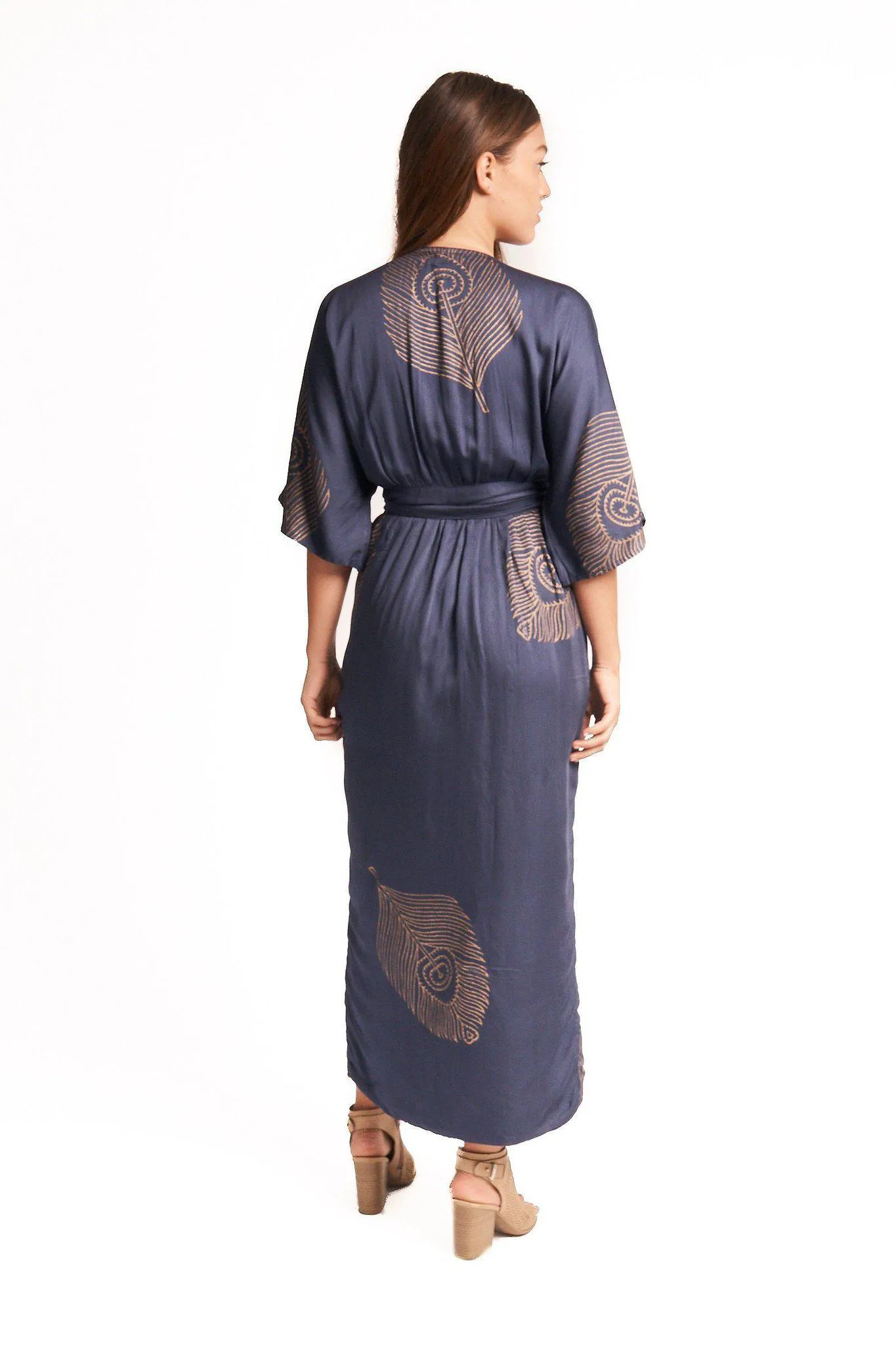 Peacock Feather Wrap Dress in Navy   Gold