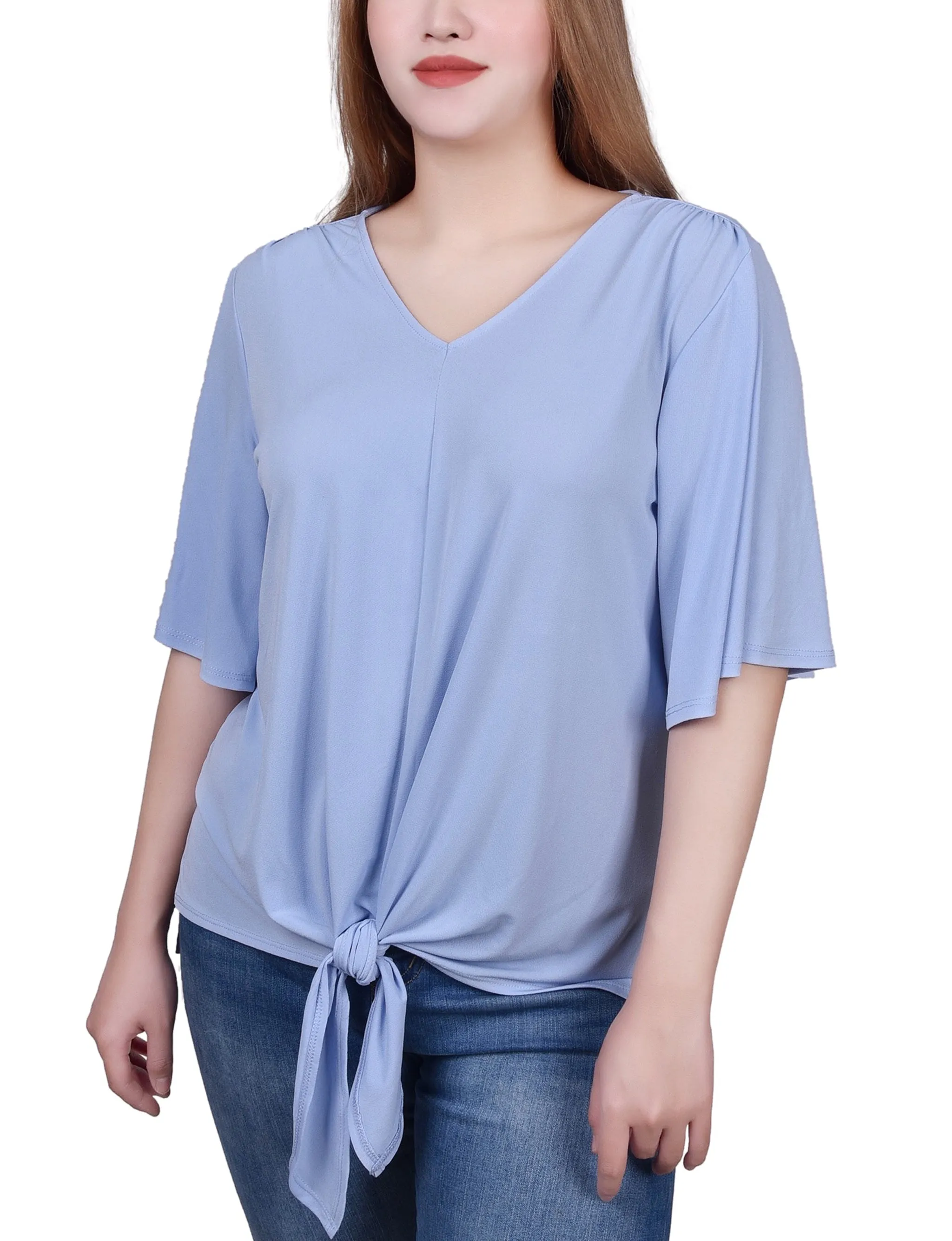 Petite Elbow Sleeve Tie-Front Top