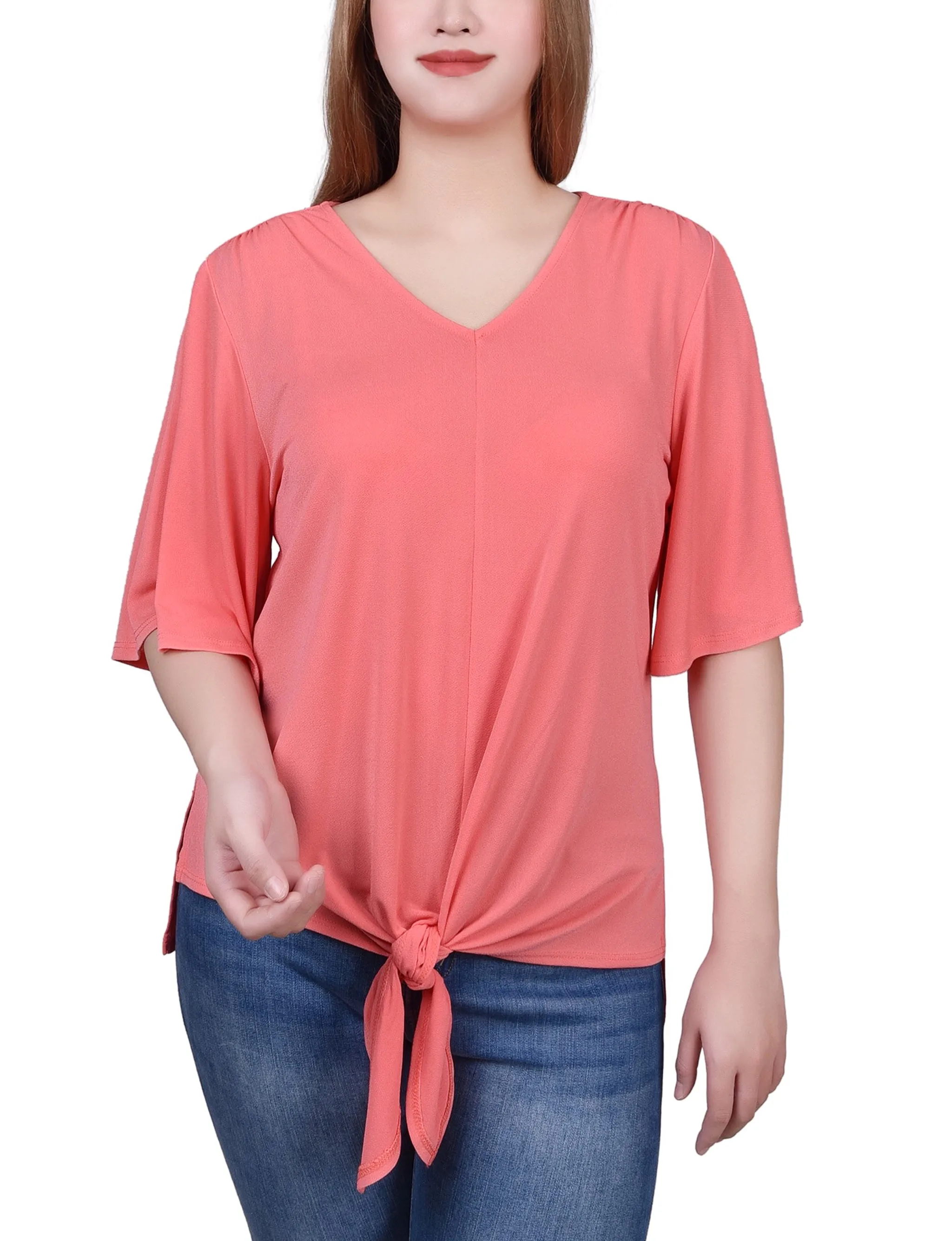 Petite Elbow Sleeve Tie-Front Top