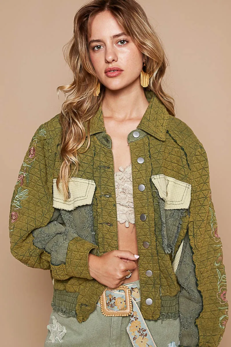 POL Quilted Jacket with Embroidered Sleeves in Basil Multi