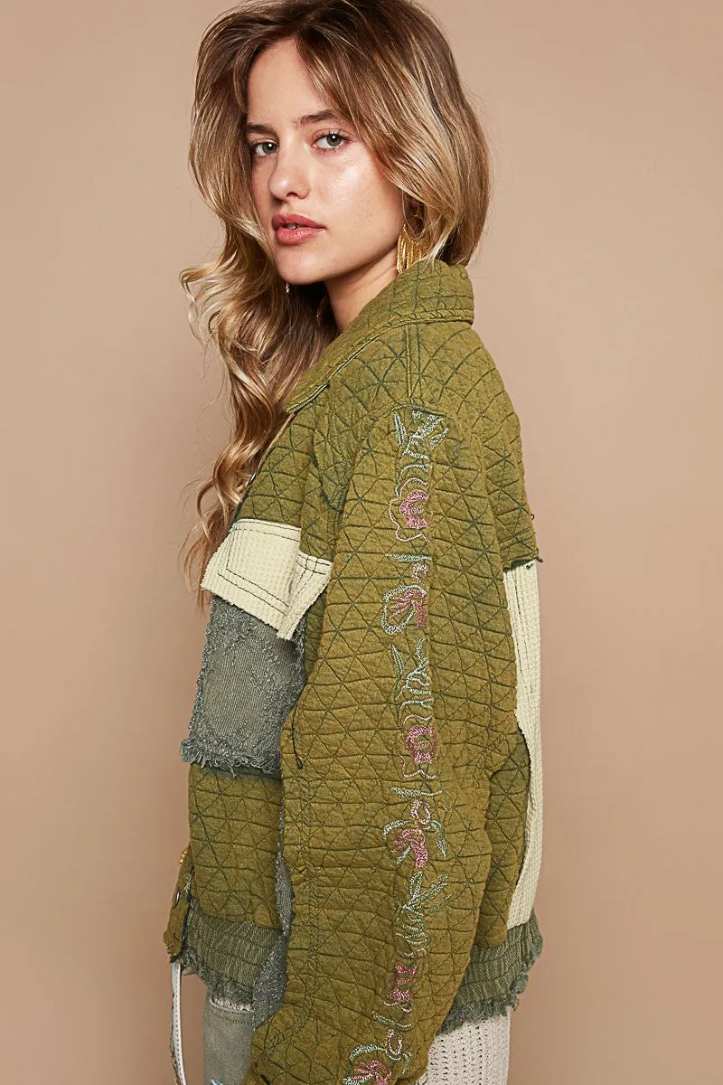 POL Quilted Jacket with Embroidered Sleeves in Basil Multi