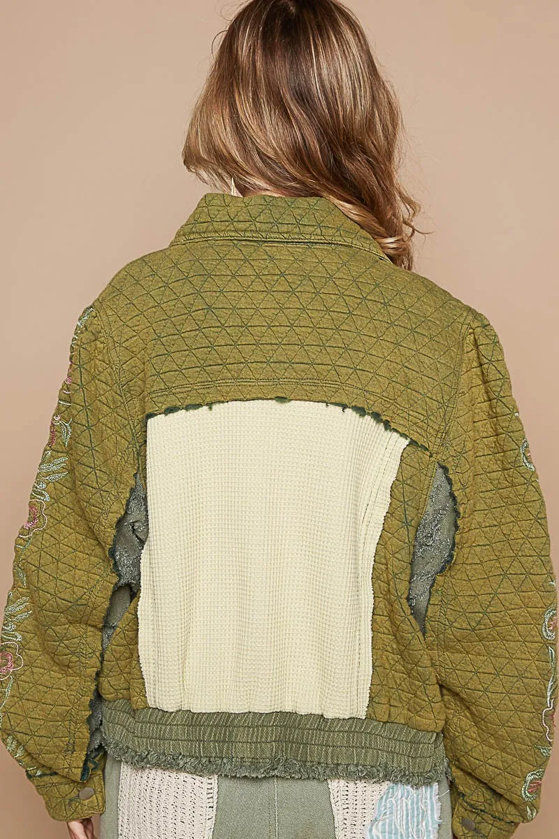 POL Quilted Jacket with Embroidered Sleeves in Basil Multi