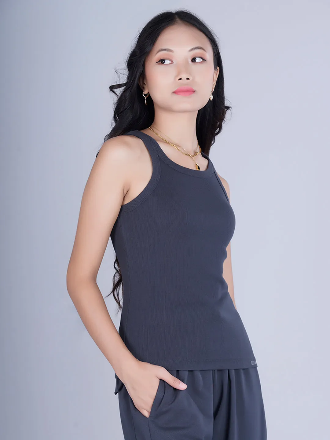 Pronk Ribbed Sleeveless Tank - Dark Grey