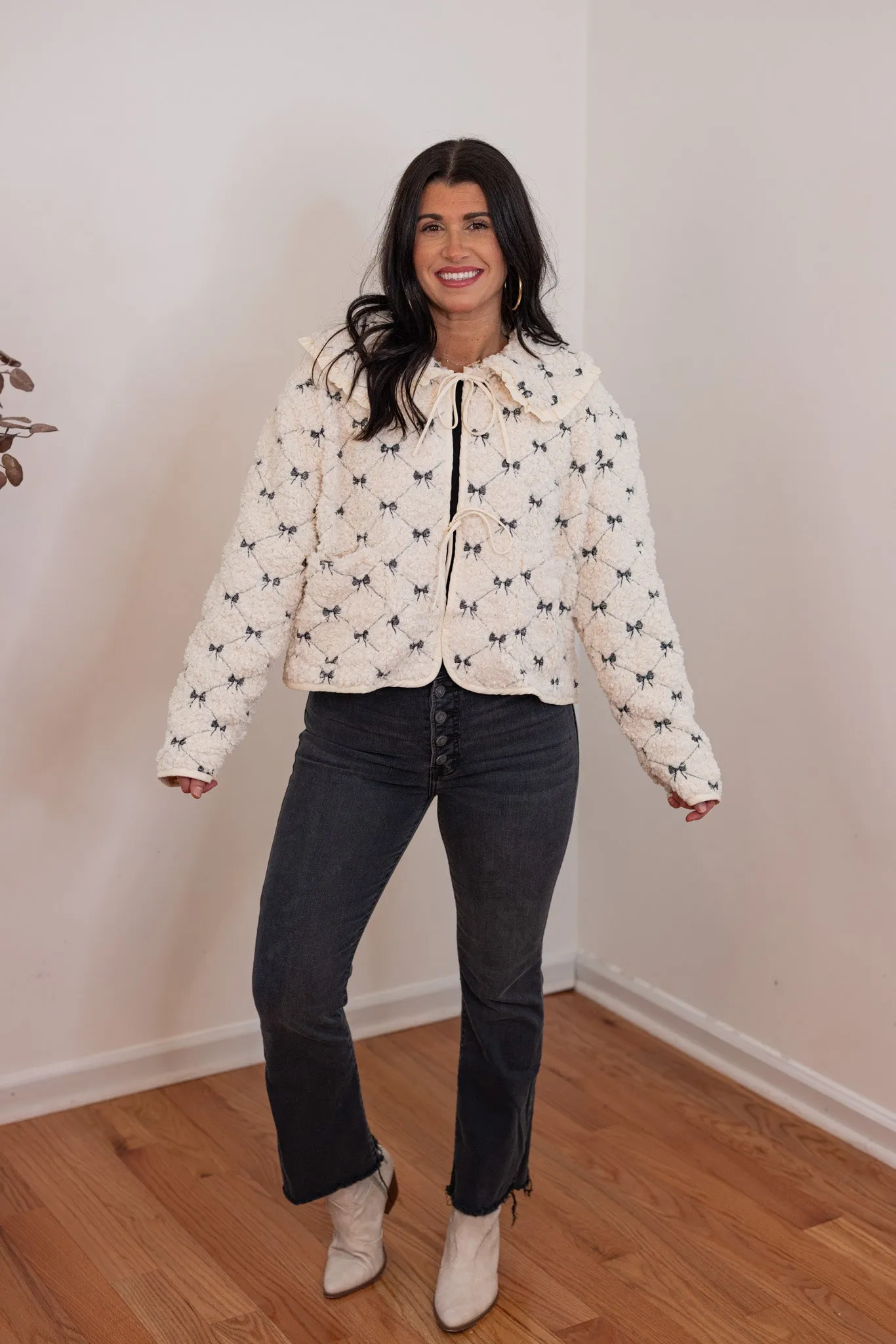 Quilted Bows Cream Sherpa Jacket