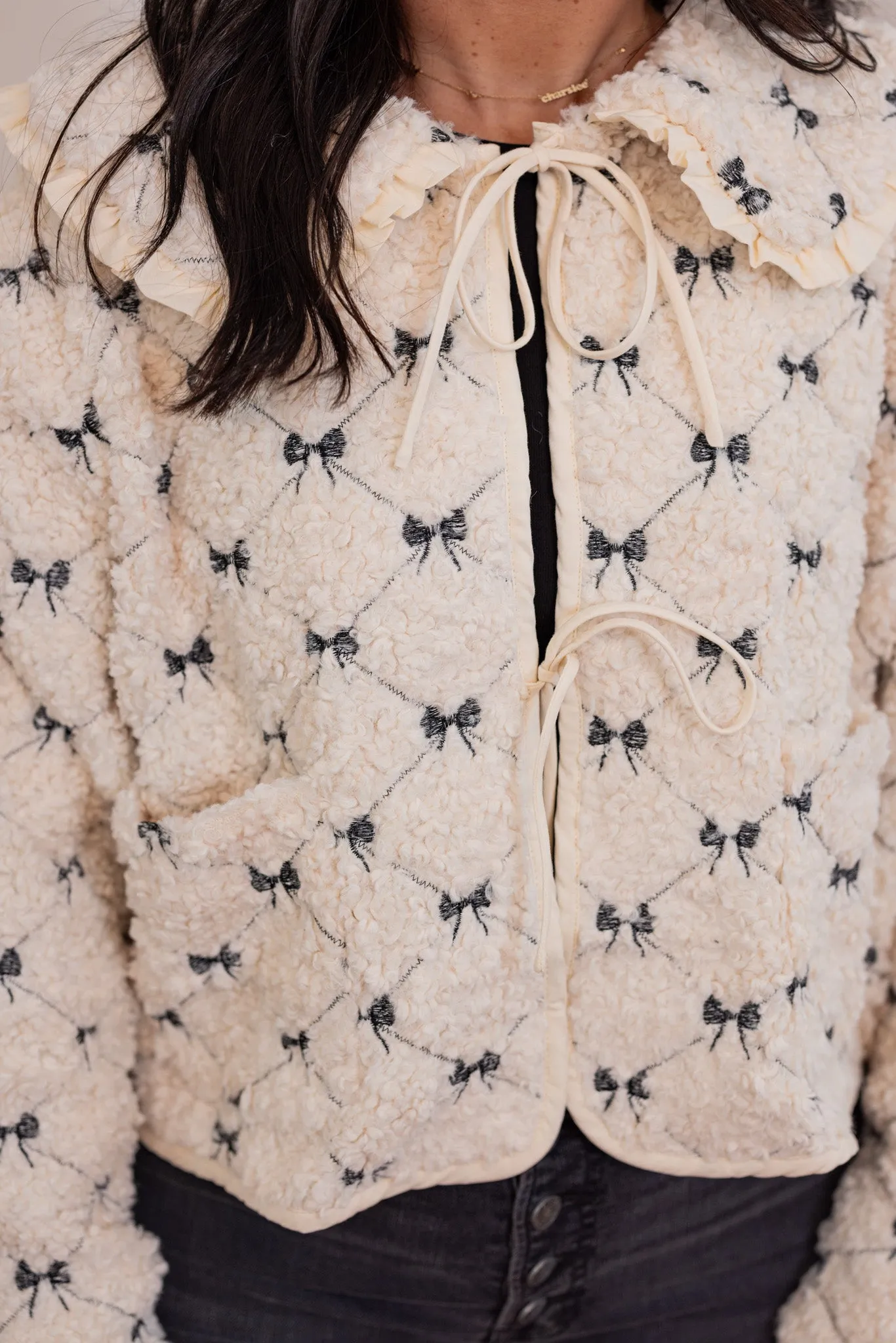 Quilted Bows Cream Sherpa Jacket