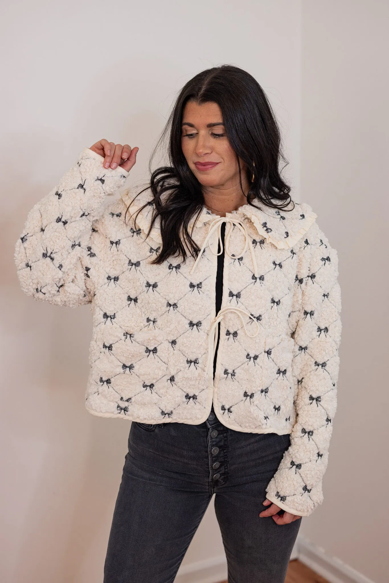 Quilted Bows Cream Sherpa Jacket