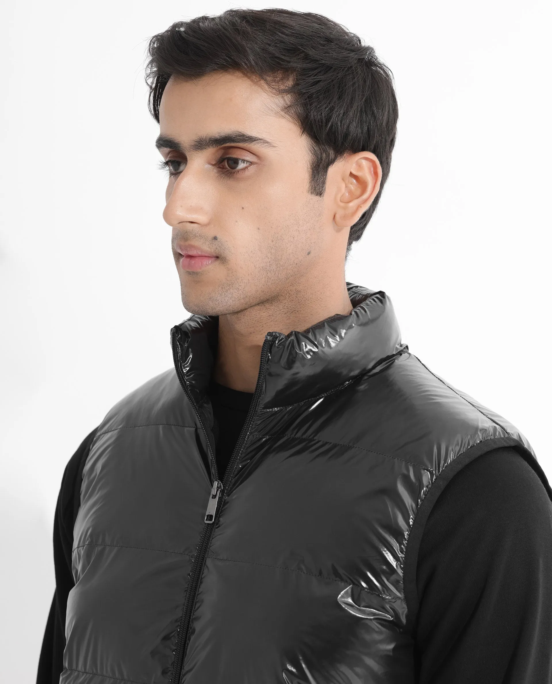 Rare Rabbit Men's Cover Black Metallic High Neck Quilted Puffer Jacket