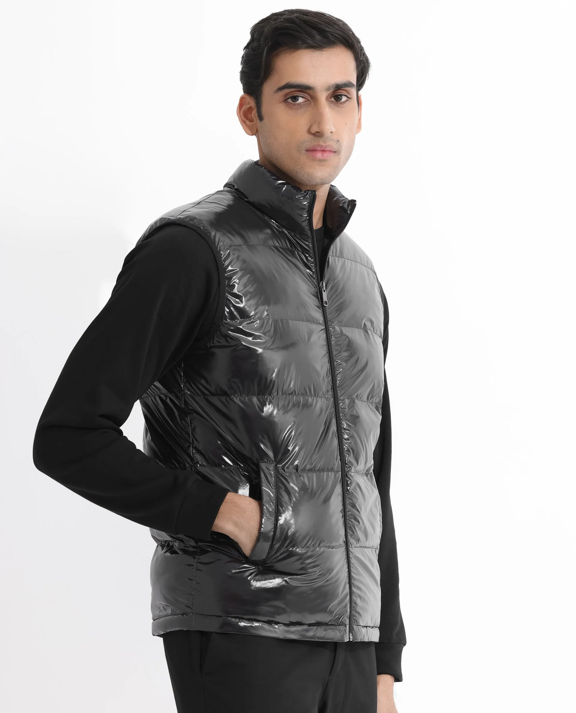 Rare Rabbit Men's Cover Black Metallic High Neck Quilted Puffer Jacket