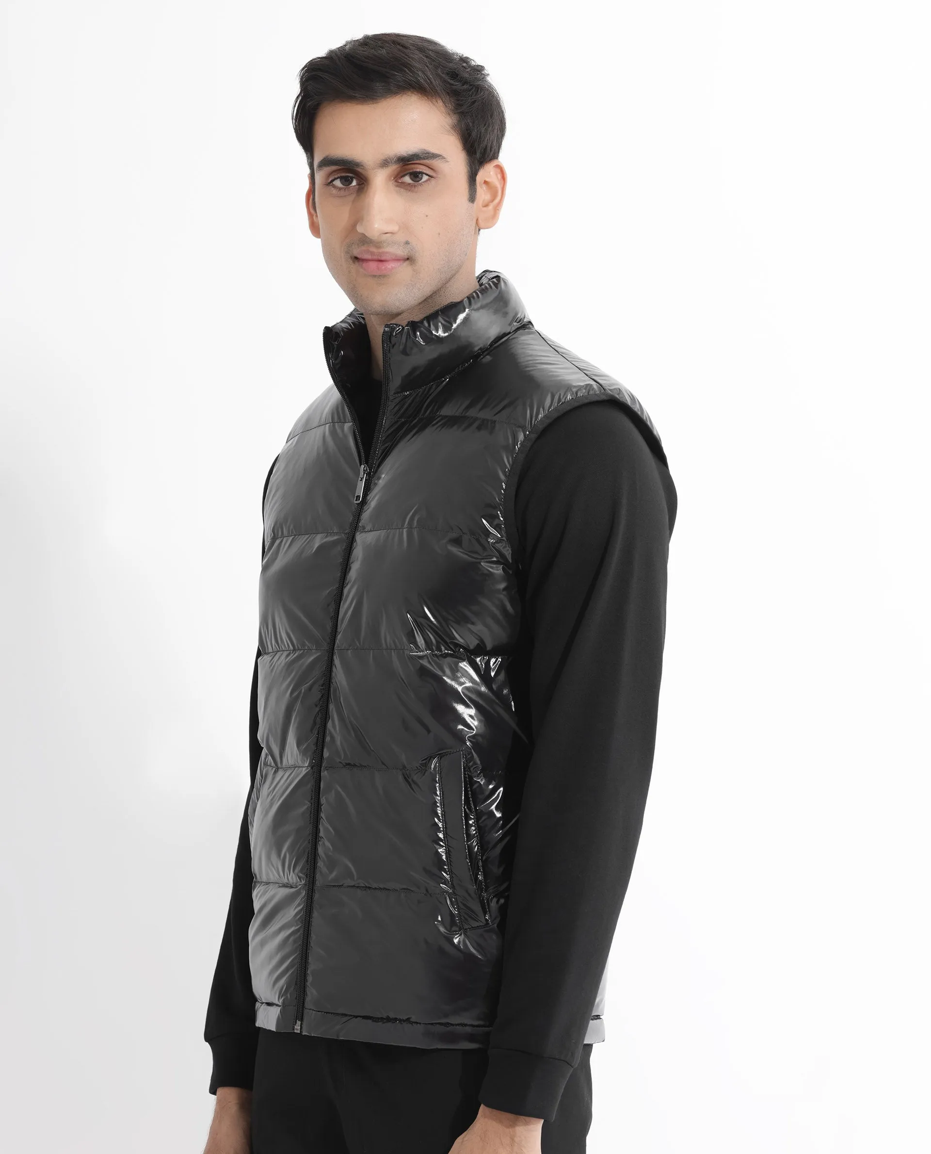 Rare Rabbit Men's Cover Black Metallic High Neck Quilted Puffer Jacket