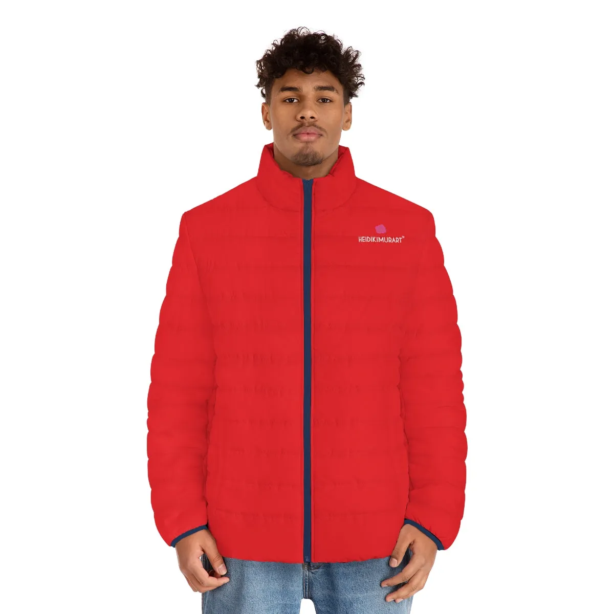 Red Solid Color Men's Jacket, Best Regular Fit Polyester Men's Puffer Jacket With Stand Up Collar (US Size: S-2XL)