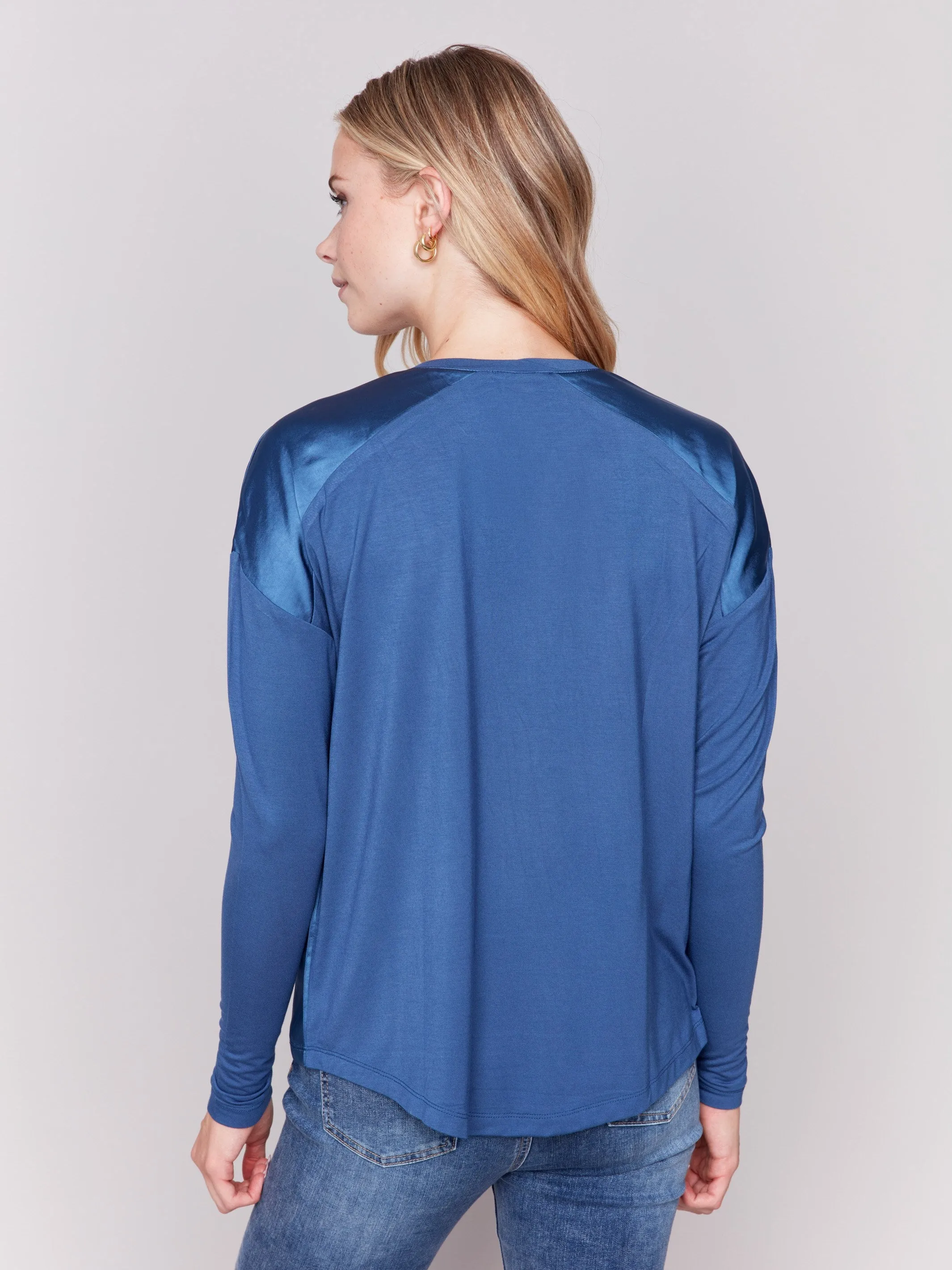 Satin and Jersey V-Neck Knit Top - Denim