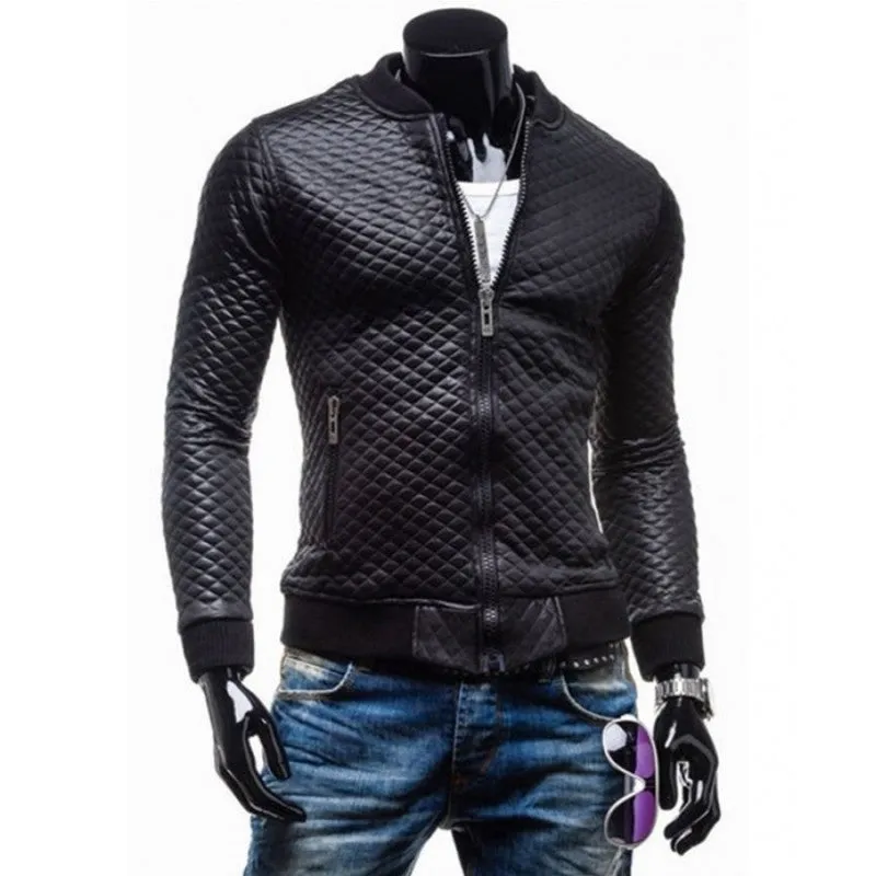 Slim Fit Black Quilted Faux Leather Motorcycle Jacket for Men