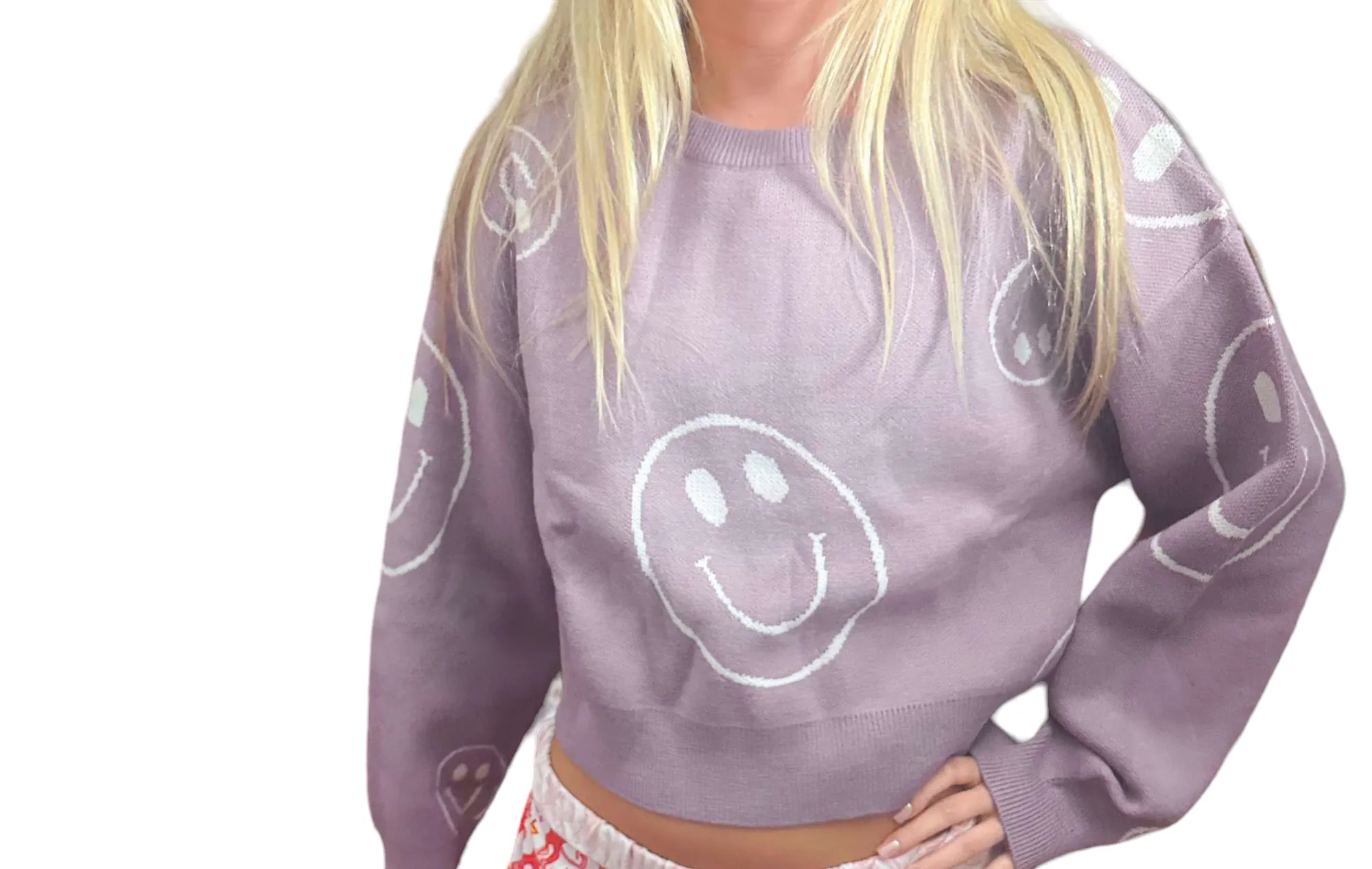 Smiley Vibes Lavender Crop Sweater