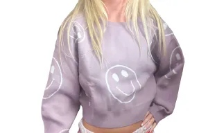 Smiley Vibes Lavender Crop Sweater