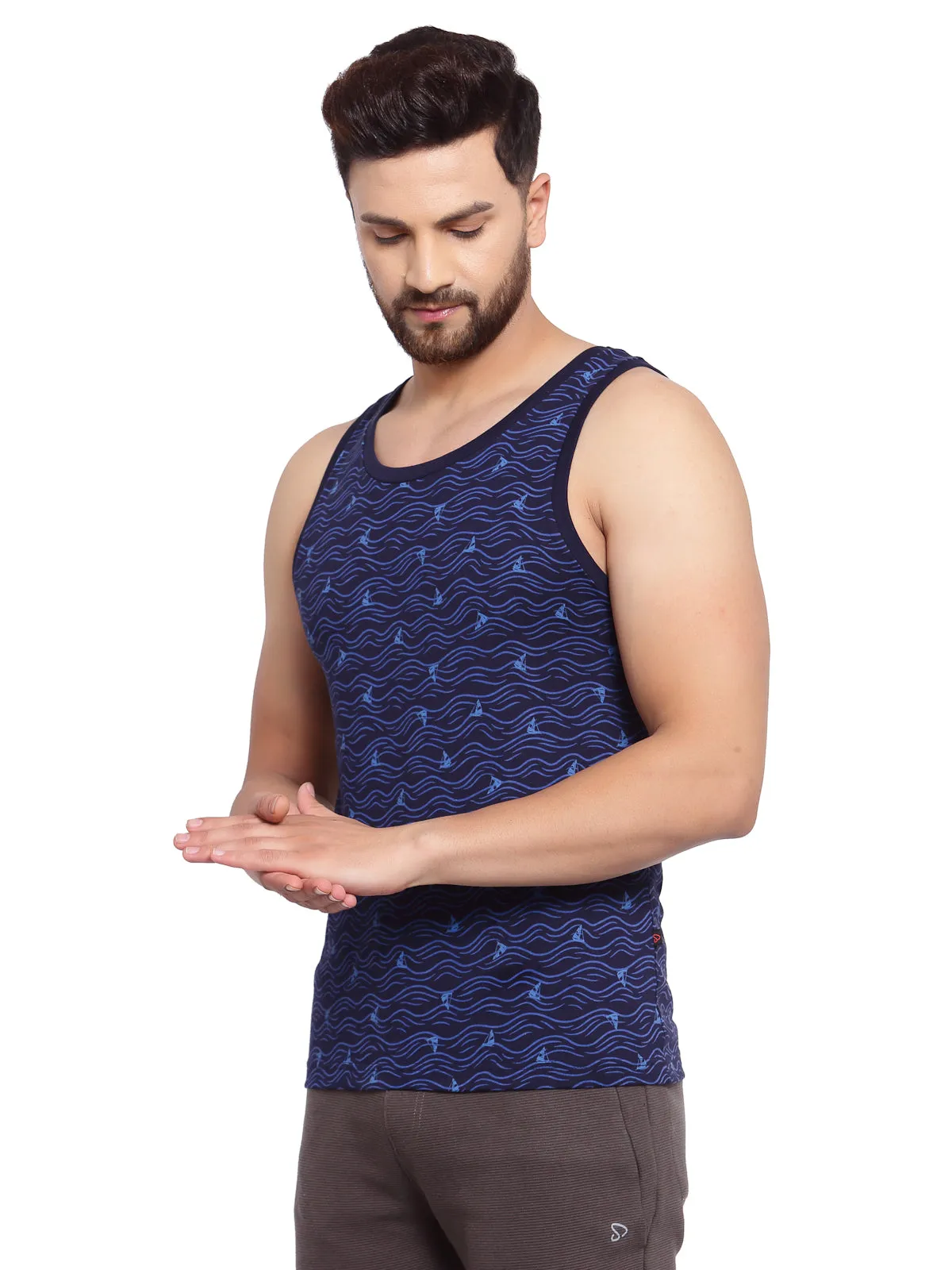 Sporto Men's Round Neck Printed Gym Vest - Navy