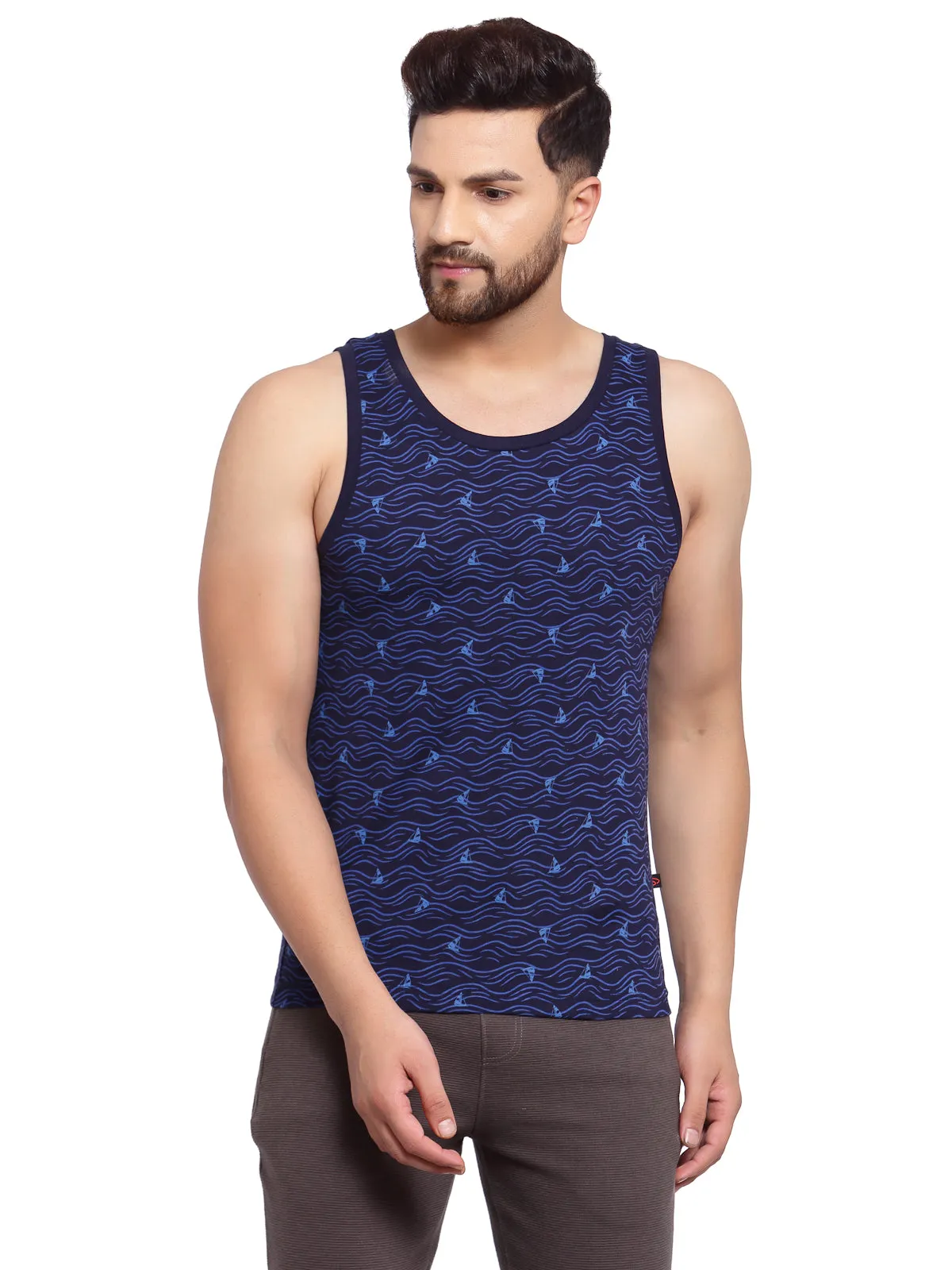 Sporto Men's Round Neck Printed Gym Vest - Navy