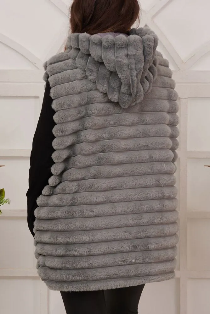 Stripe Pattern Faux Fur Zip Up Hooded Gilet