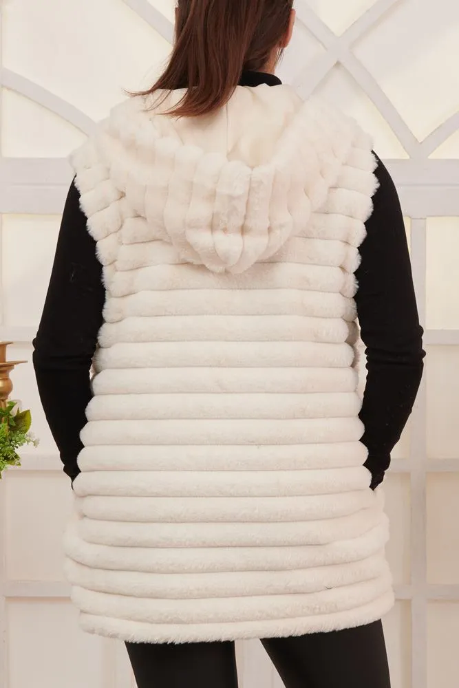 Stripe Pattern Faux Fur Zip Up Hooded Gilet