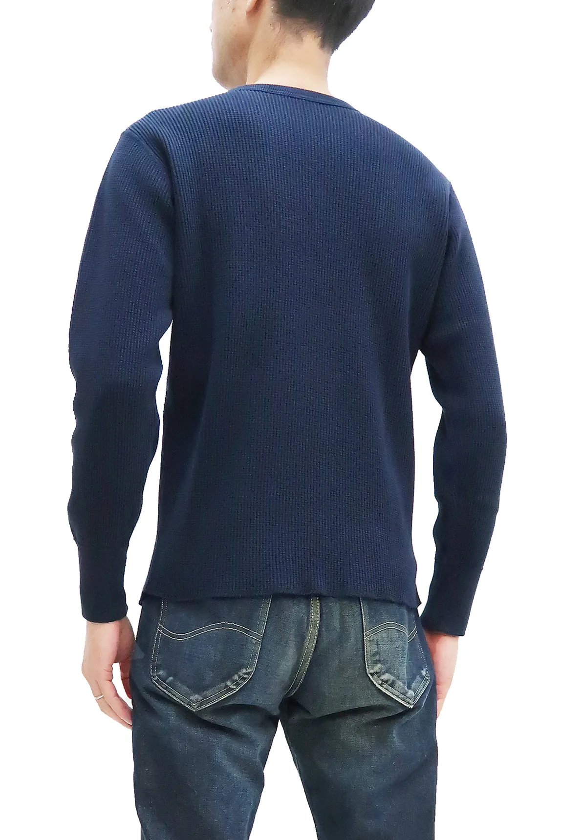 Studio D'artisan Waffle-Knit Thermal T-Shirt Men's Casual Long Sleeve Plain Crew-Neck Heavyweight Thermal Tee 9936 Navy-Blue