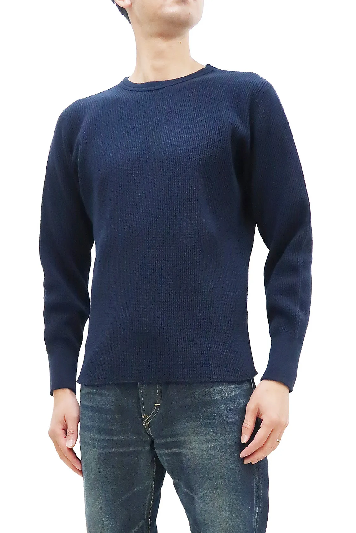 Studio D'artisan Waffle-Knit Thermal T-Shirt Men's Casual Long Sleeve Plain Crew-Neck Heavyweight Thermal Tee 9936 Navy-Blue