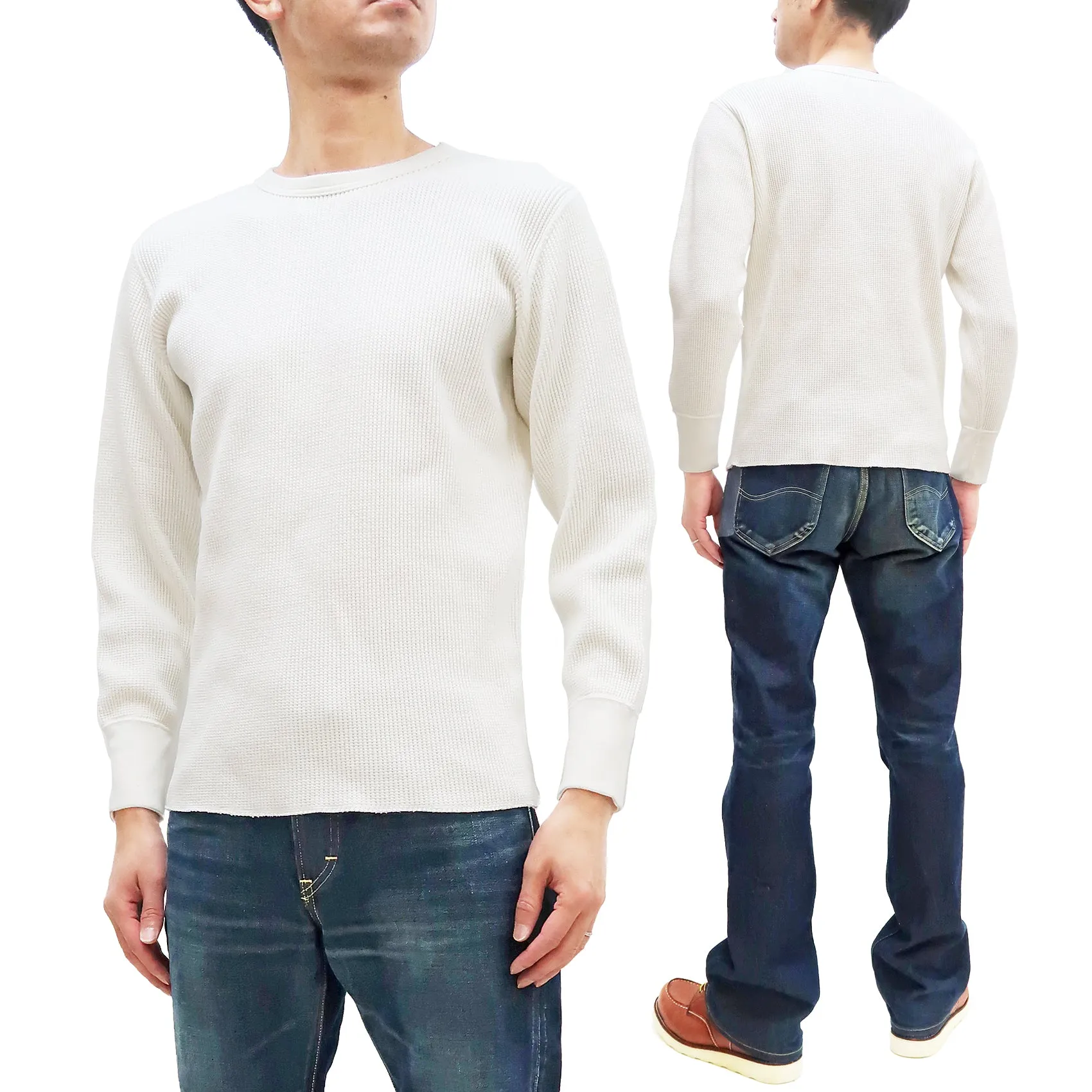 Studio D'artisan Waffle-Knit Thermal T-Shirt Men's Casual Long Sleeve Plain Crew-Neck Heavyweight Thermal Tee 9936 White