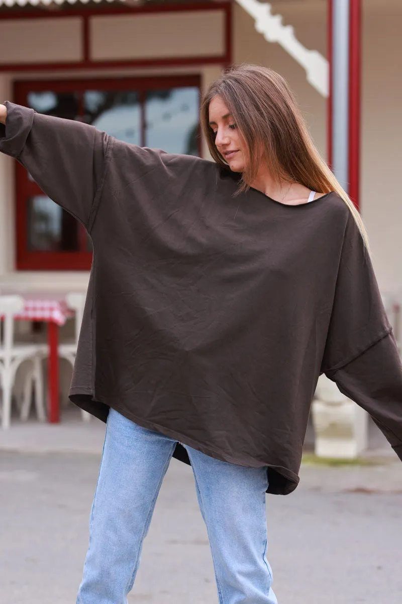 Top large stretch et confort marron chocolat coutures apparentes col rond