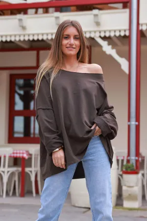 Top large stretch et confort marron chocolat coutures apparentes col rond