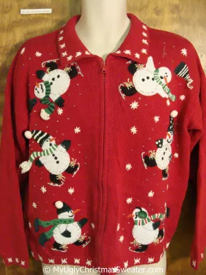 Tumbling Ice Skating Snowmen Red Ugly Christmas Sweater