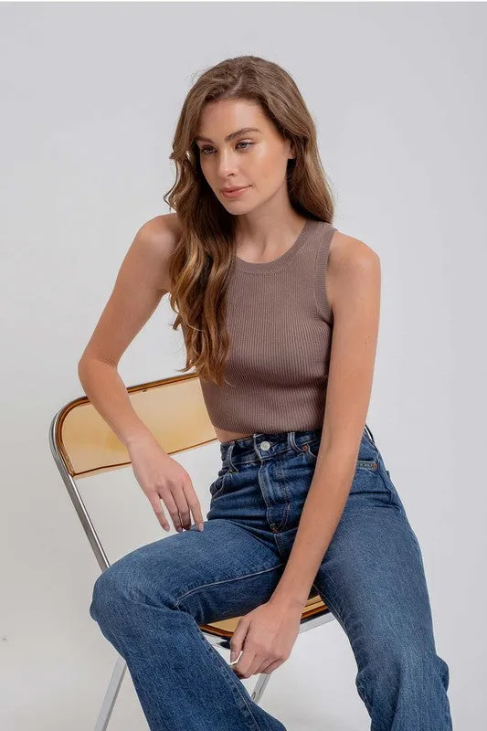 Valerie Sleeveless Ribbed Knit Cropped Sweater Top Mocha