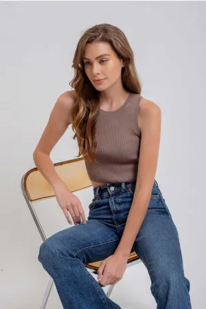 Valerie Sleeveless Ribbed Knit Cropped Sweater Top Mocha