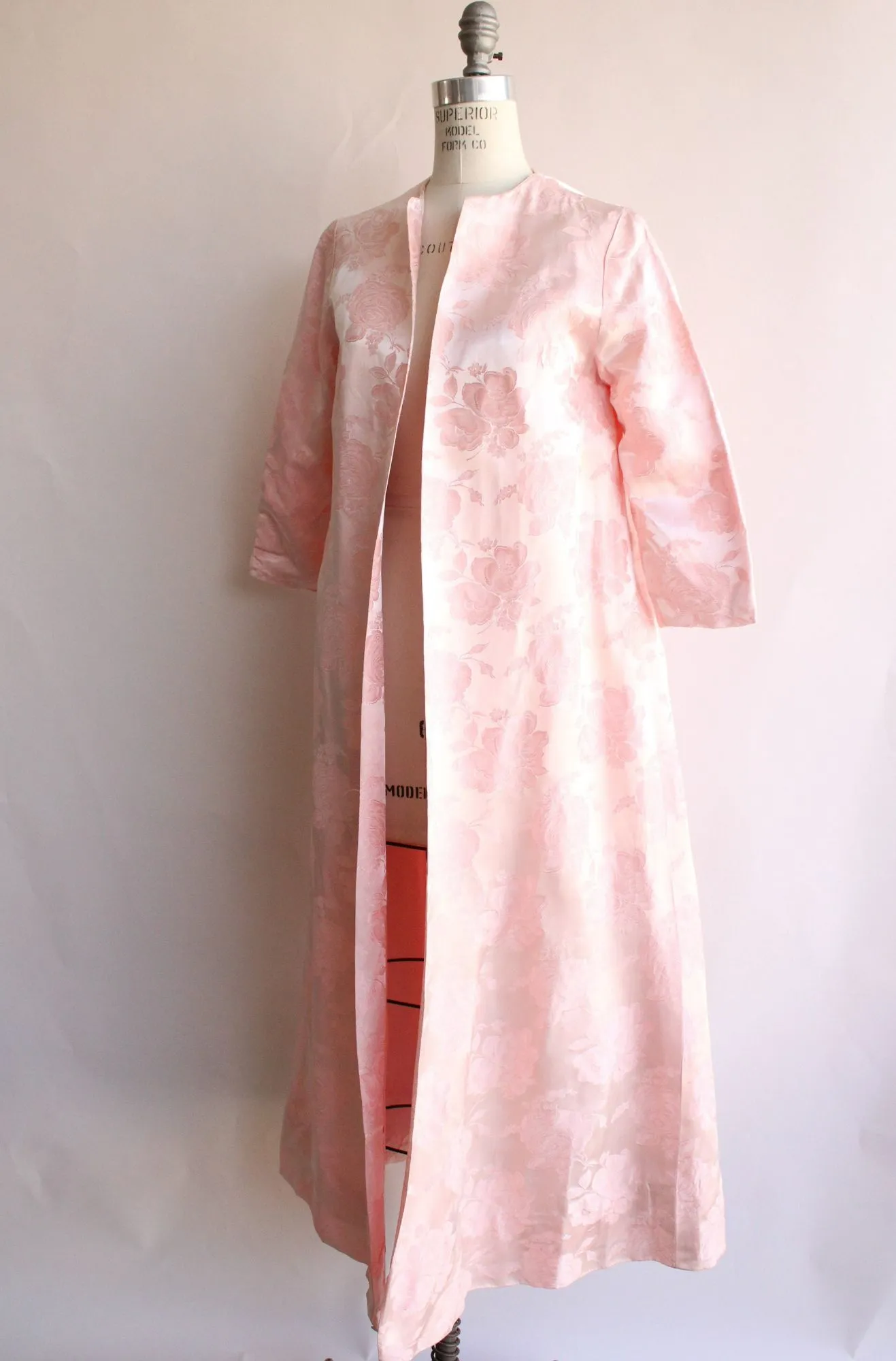 Vintage 1960s Pink Satin Floral Damask Full Length Coat