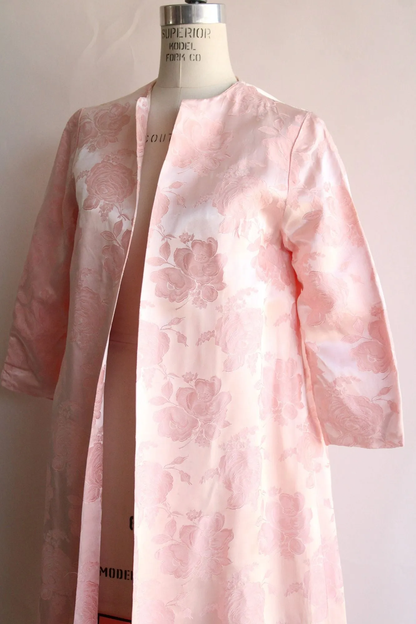 Vintage 1960s Pink Satin Floral Damask Full Length Coat