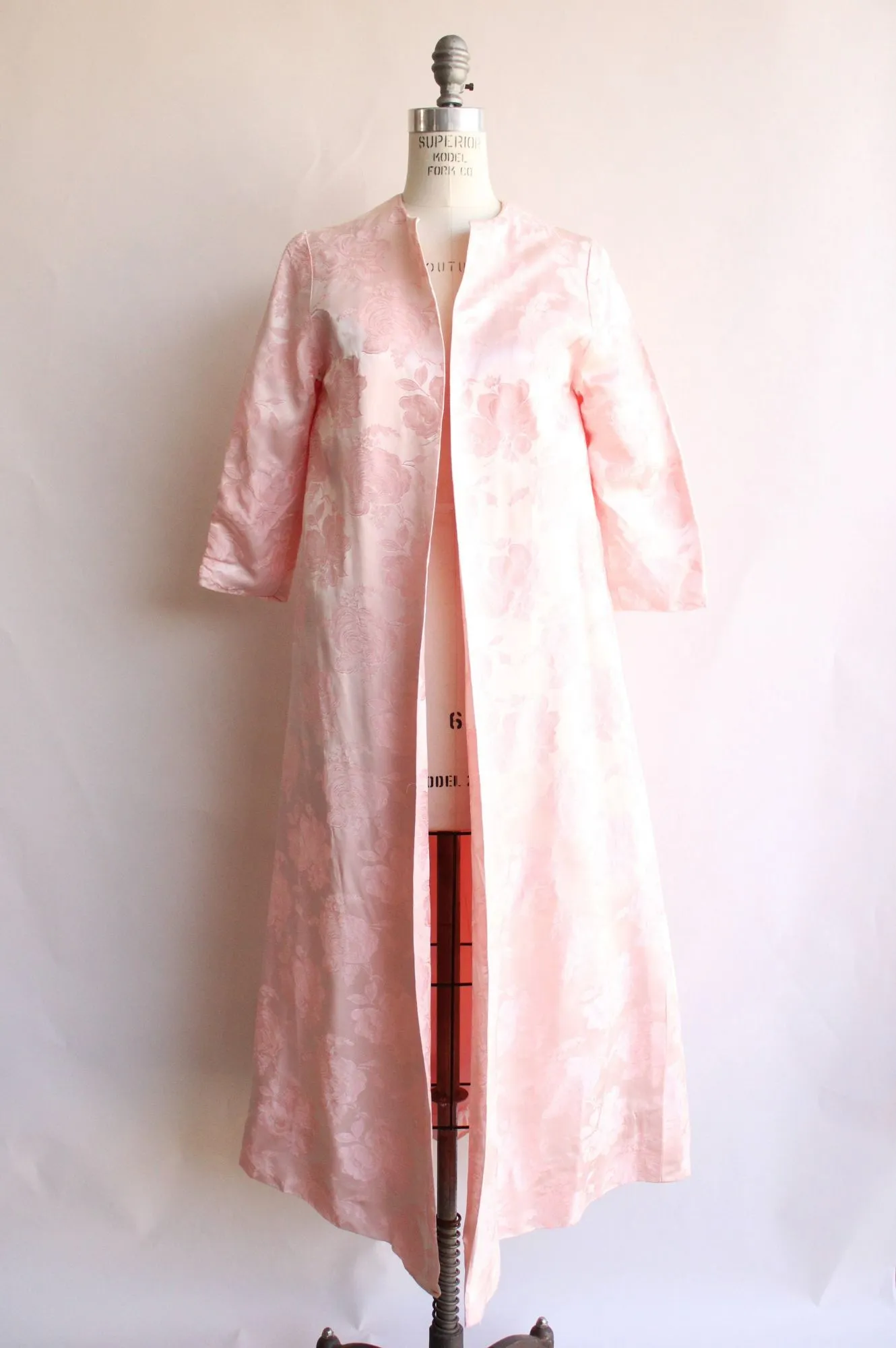 Vintage 1960s Pink Satin Floral Damask Full Length Coat