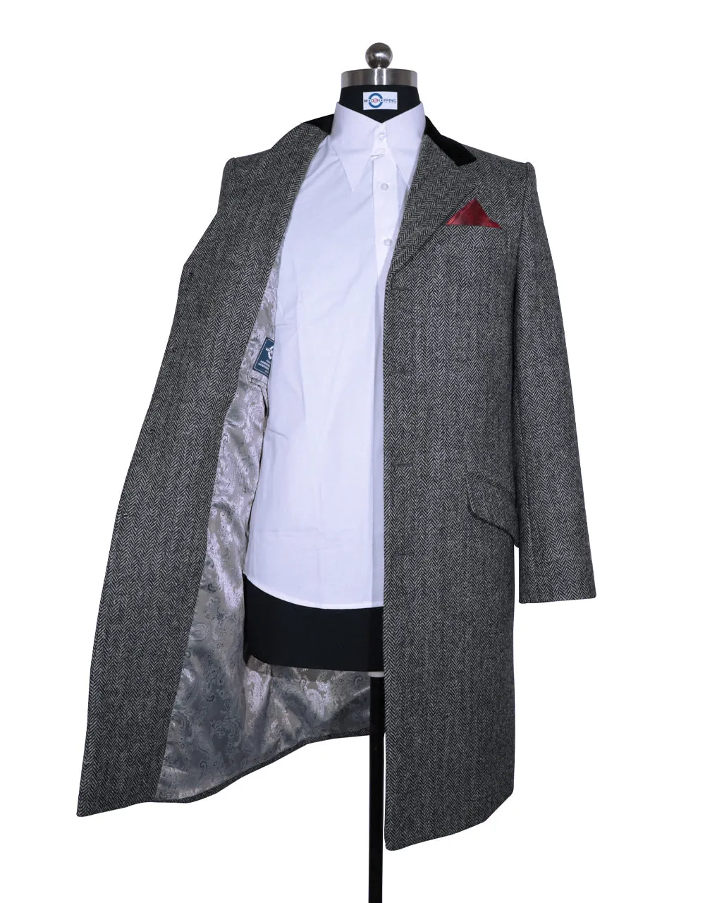 Vintage Style Grey Herringbone Tweed Overcoat