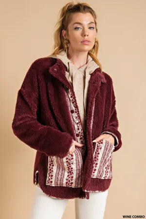 Wine Combo Sherpa Contrast Ethnic Printed Jacket