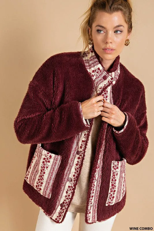 Wine Combo Sherpa Contrast Ethnic Printed Jacket