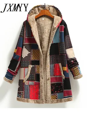 Winter Vintage Women's Coat Warm Printing Thick Fleece Hooded Long Jacket with Pocket