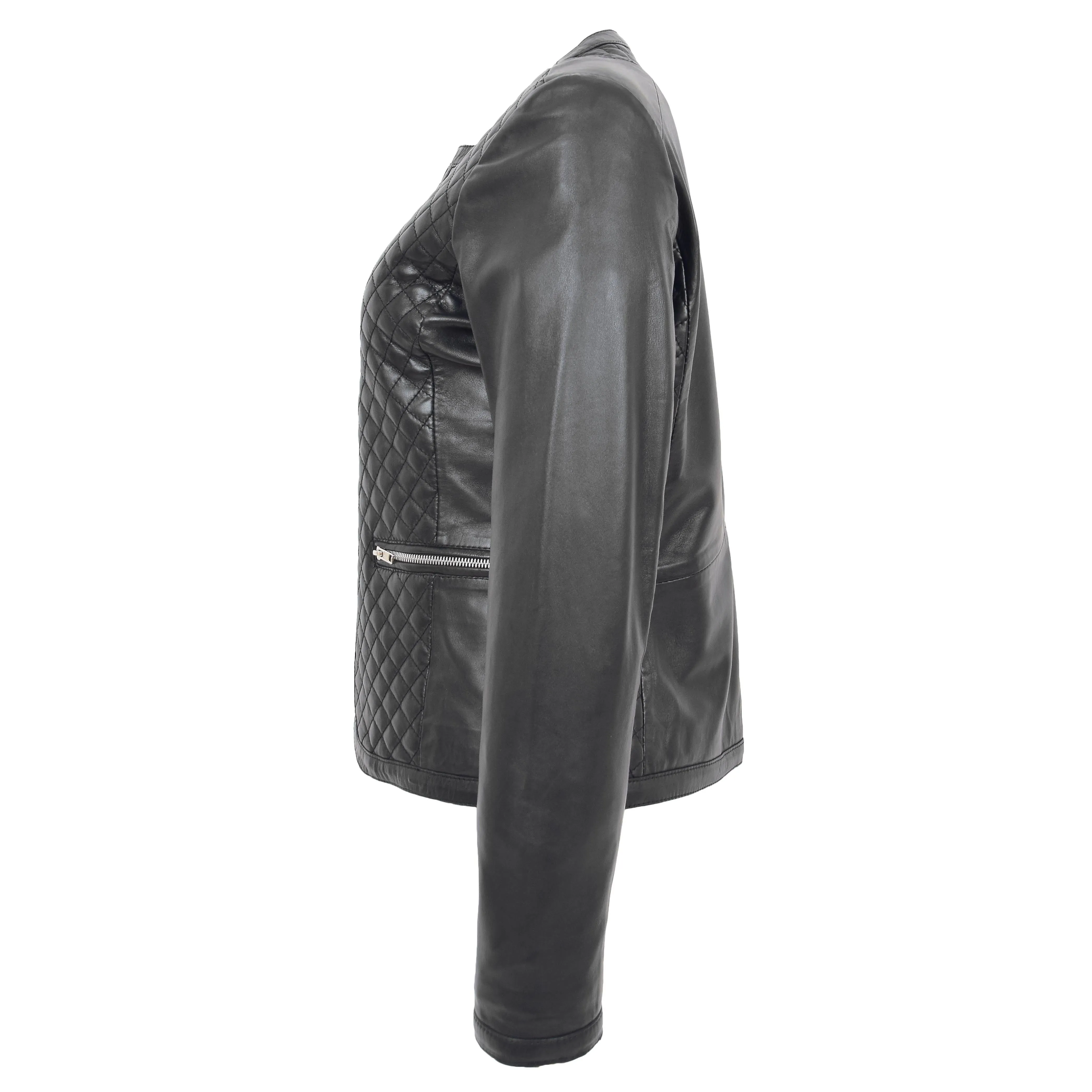 Women Collarless Black Leather Jacket Fitted Quilted Zip Up - Remi