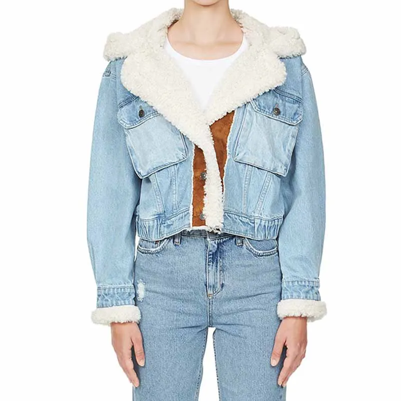 Women Denim Blue Lambswool Single Breasted Short Jacket