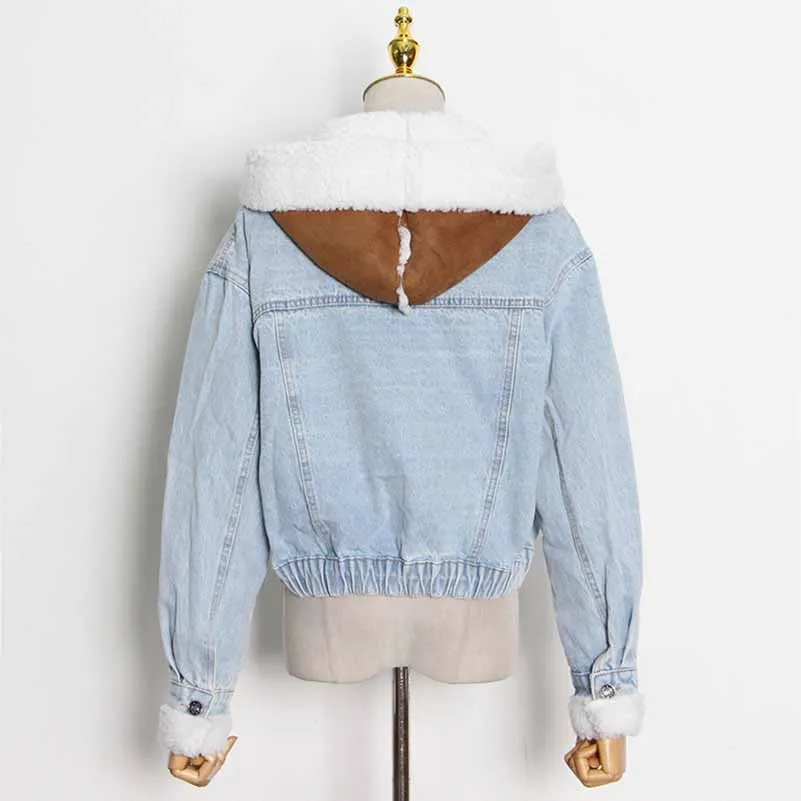 Women Denim Blue Lambswool Single Breasted Short Jacket