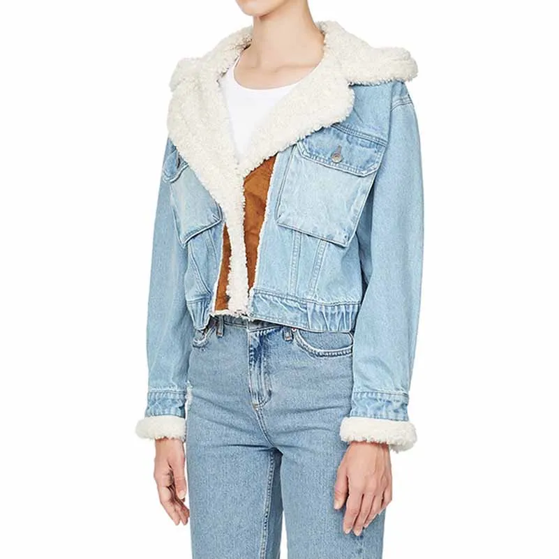 Women Denim Blue Lambswool Single Breasted Short Jacket