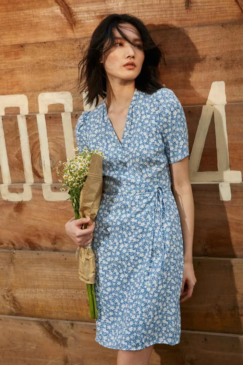 Women floral print v neck mini wrap dress