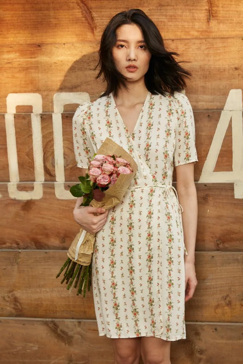 Women floral print v neck mini wrap dress