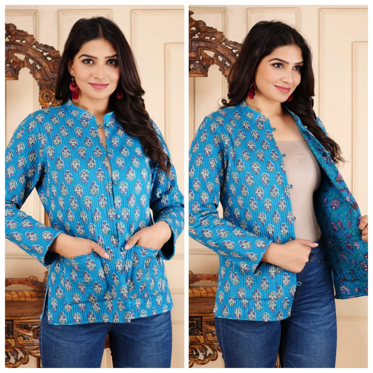 Women's Cotton Quilted Reversible Floral Jacket – Stylish & Comfortable