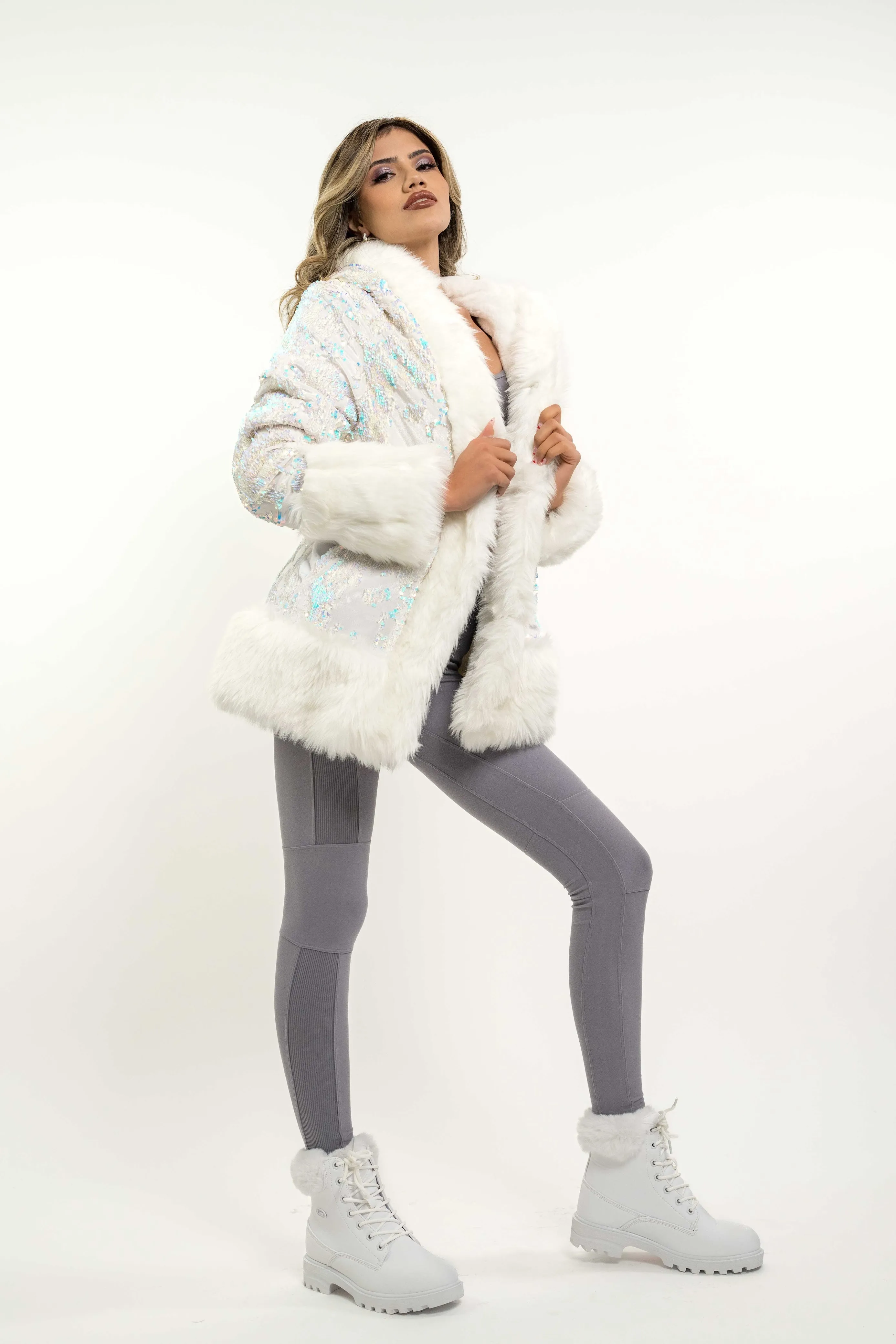 Women's Petite Playa Coat in "White Velvet Unicorn Sequin " IN STOCK