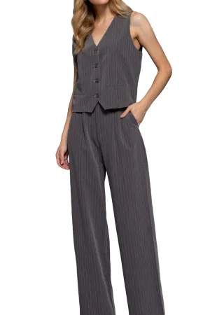 Women's Pinstripe V-Neck Woven Vest Button Down Stretch Fabric Blend