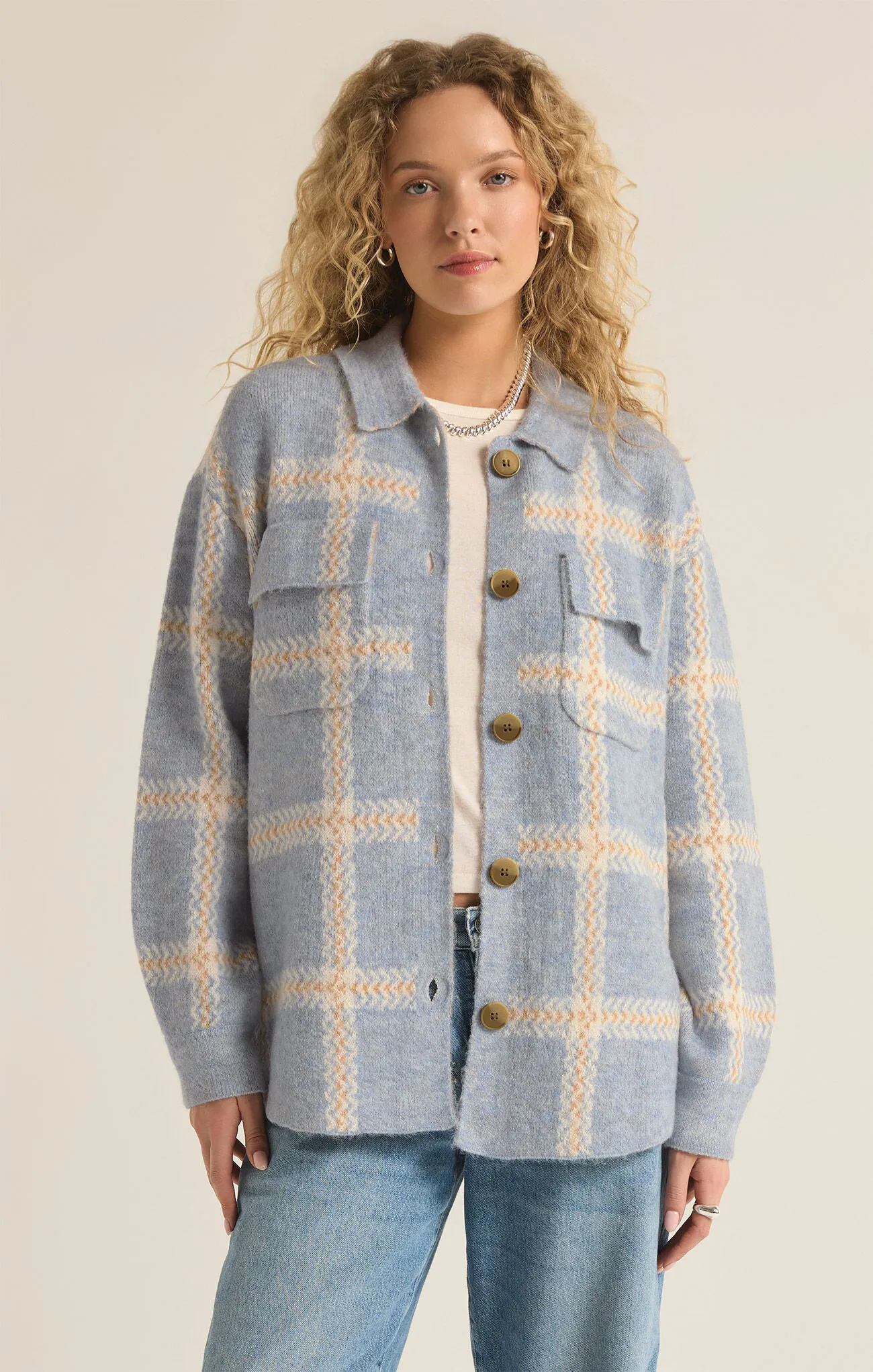 Z SUPPLY - TYLER PLAID SWEATER JACKET LIGHT DENIM